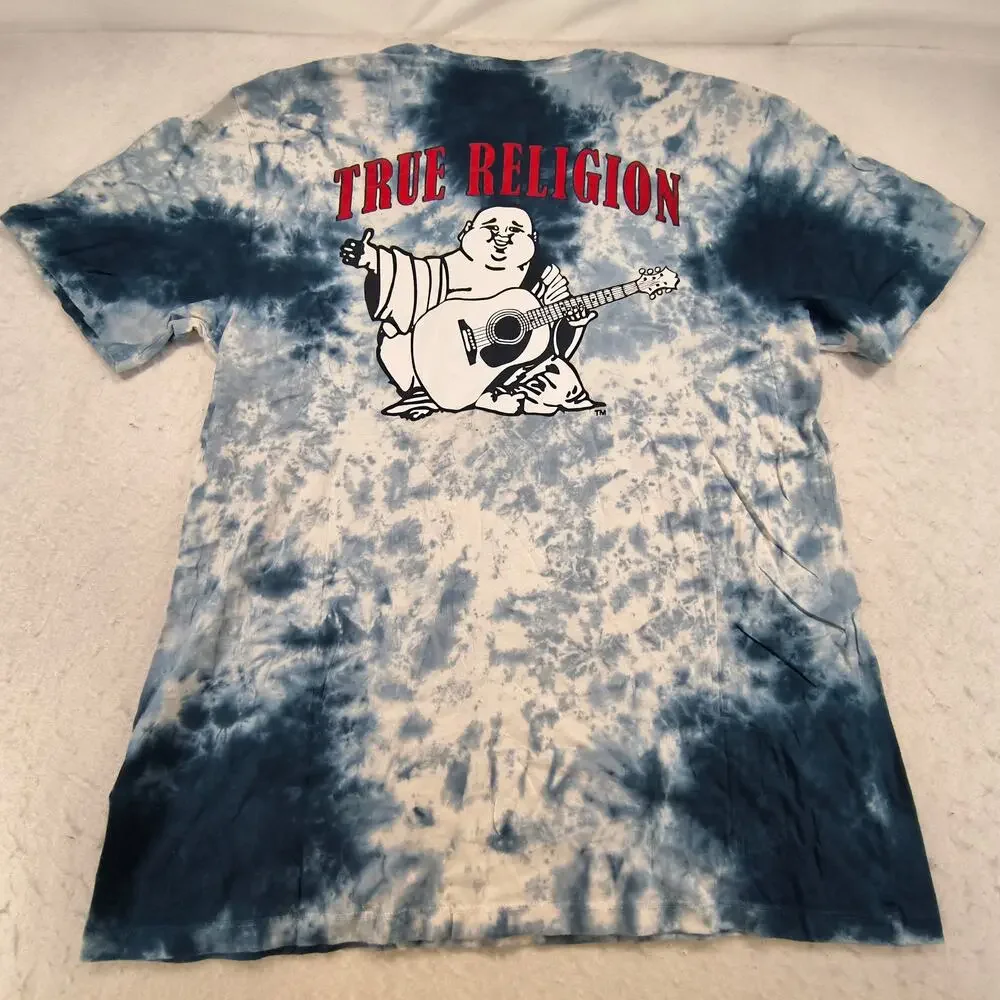True Religion Casual Crew Neck Short Sleeve Graphic Shirt Mens Size L Blue White